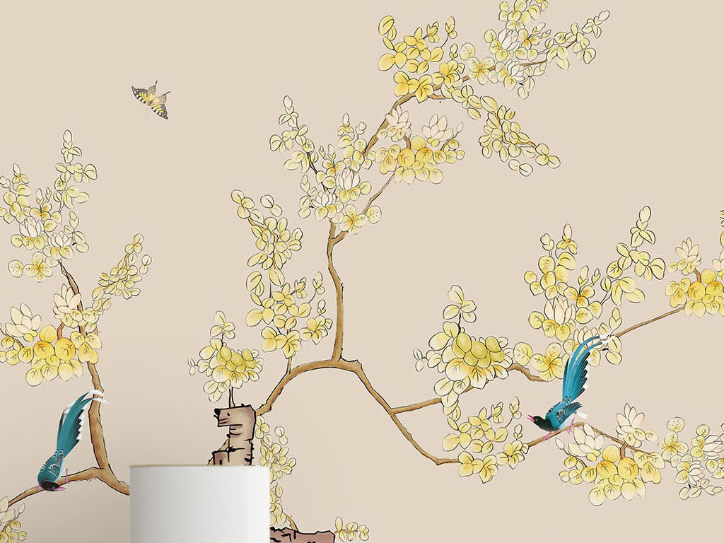 新中式寫意水墨花鳥手繪 融合電視背景壁紙與布藝窗簾的藝術空間